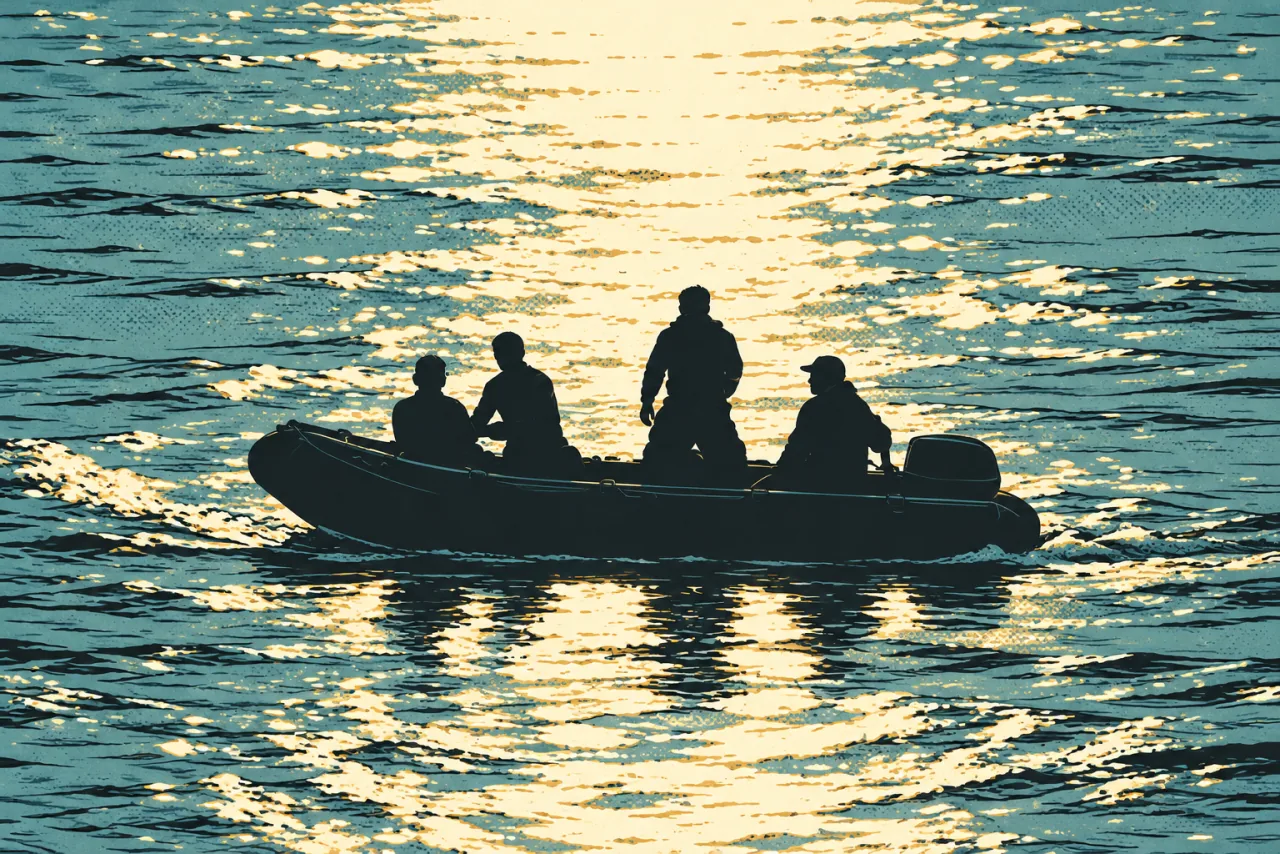 Illustration of four people in a small boat on sunlit water.