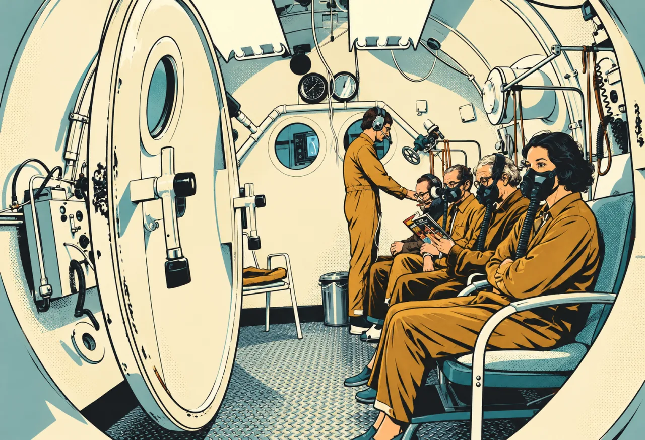 Illustration of a clinical team and patients inside a hyperbaric chamber.