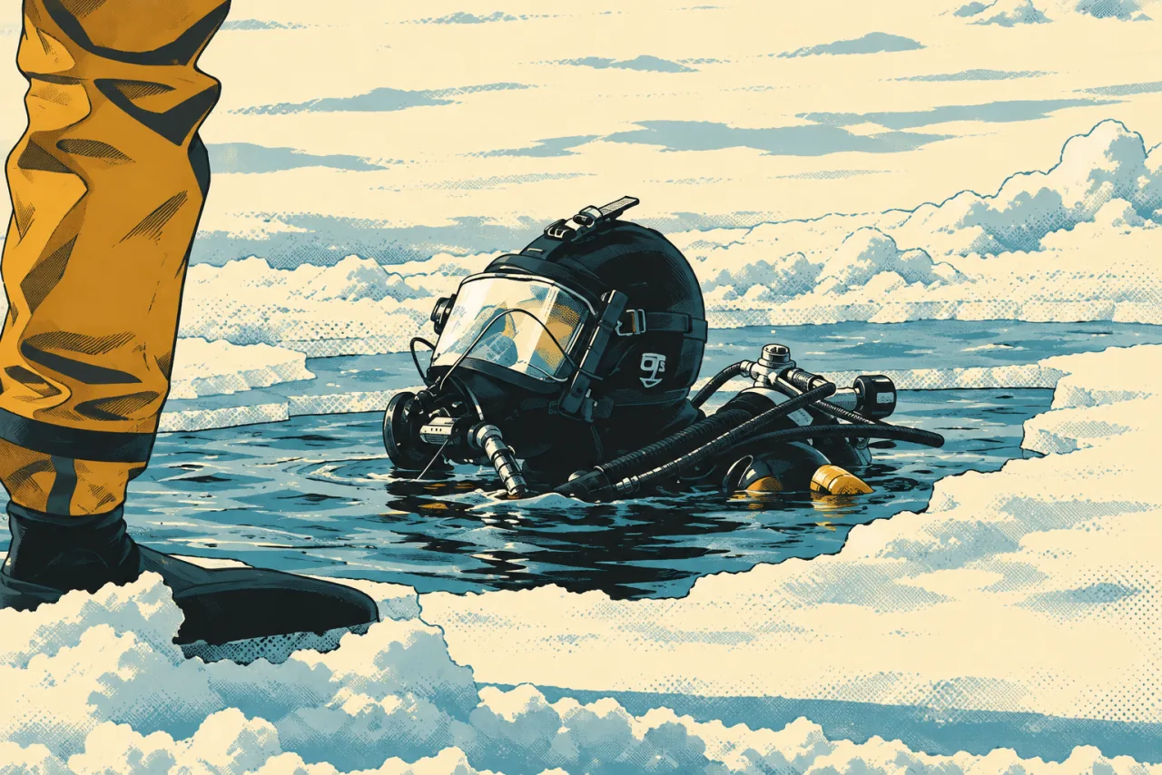Illustration of a diver at the surface of a cold-water dive site.