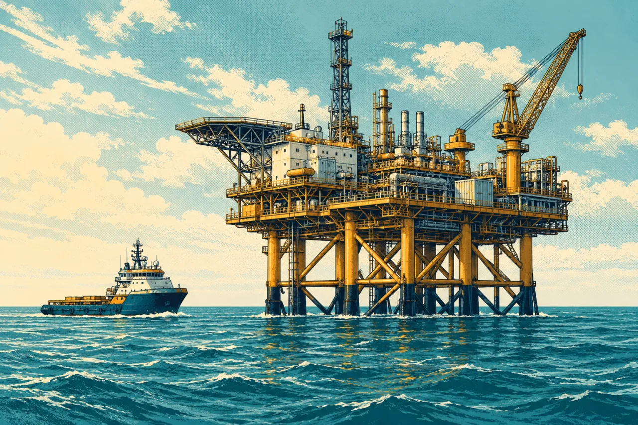 Illustration of an offshore platform and a service vessel.
